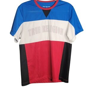 True Religion Jersey Shirt Mens Med Blue Colorblock Mesh Short Sleeve Patritoci